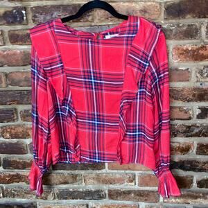 Kensie Red Plaid Ruffled Smocked Long Sleeve Blouse Women's Size Medium